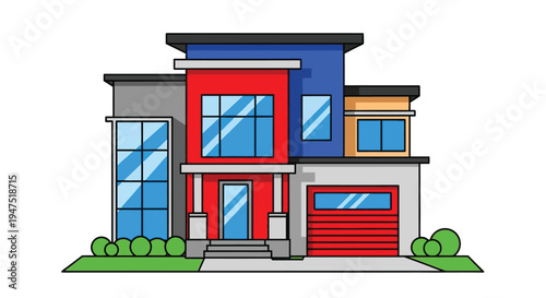 Modern colorful house illustration with geometric shapes and a simple design
