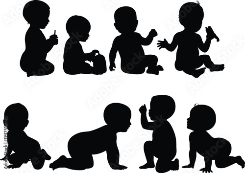 Baby silhouettes set, cute infants sitting crawling playing poses, newborn child development stages vector illustration collection