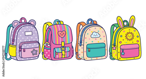Four colorful backpacks with animal and whimsical designs are displayed