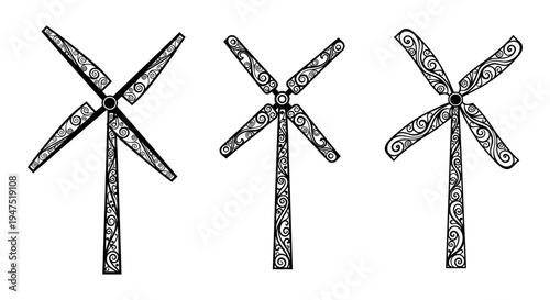 Evolution of wind turbine blade designs from three to five blades for energy generation Vector, illustration
