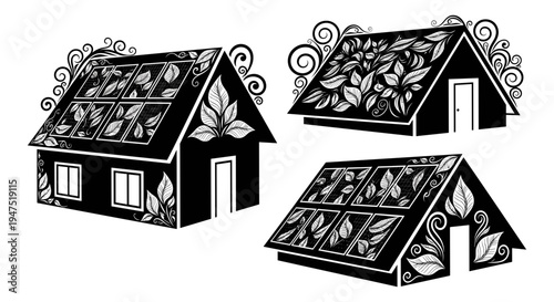 Intricate lace-patterned black and white decorative houses with floral designs. Vector, illustration