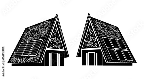 Intricate geometric patterns on traditional a-frame house silhouettes with detailed designs. Vector, illustration