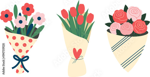 Three Hand Drawn Flower Bouquets In Wrapping Paper On White Keywords: flowers, bouquets, floral, roses, tulips, poppies