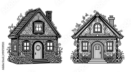 Two charming ivy-covered cottages with distinct architectural designs side by side Vector, illustration