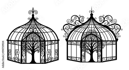 Elegant victorian style greenhouse structures with intricate ironwork designs Vector, illustration