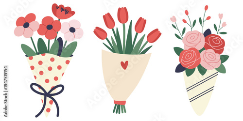 Three Hand Drawn Flower Bouquets In Wrapping Paper On White Keywords: flowers, bouquets, floral, roses, tulips, poppies