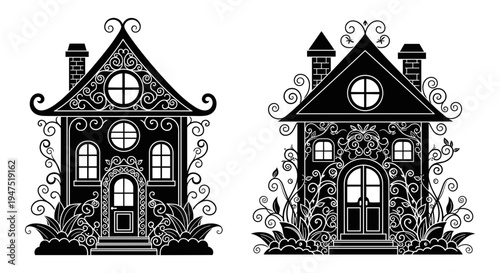Gothic architectural sketches of symmetrical haunted houses adorned with intricate vines and details Vector, illustration