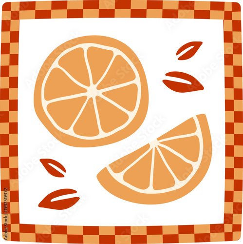 Abstract Tropical Patchwork Pattern With Cute Orange Fruit