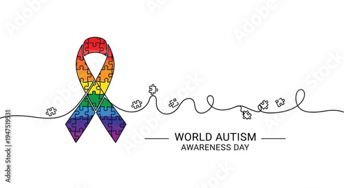 A rainbow ribbon composed of puzzle pieces symbolizes world autism awareness