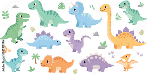 "Collection of Cute Cartoon Dinosaurs in Various Colors with Leaves and Rocks for Kids' Educational Designs"