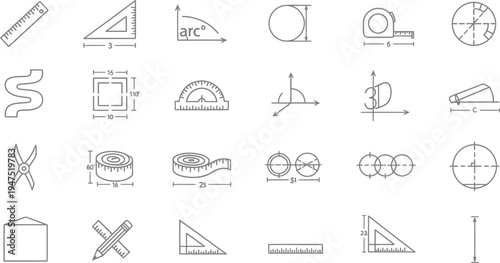 A comprehensive collection of intricate line art icons representing various geometric shapes, architectural drafting tools, and precise measurement instruments essential for design and technical draw
