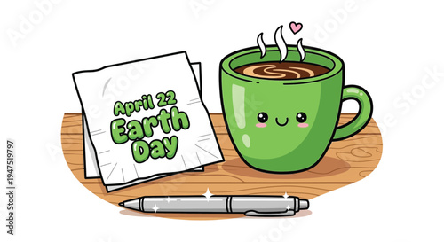 A cute green mug with steaming coffee and an earth day reminder
