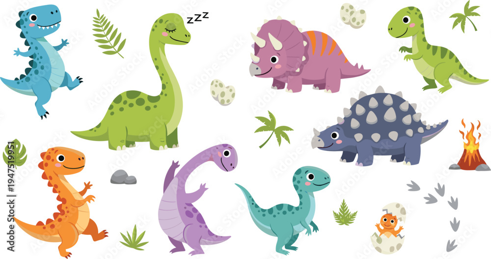 Naklejka premium Cartoon Dinosaur Illustration Set Featuring Friendly Dinosaurs, Eggs, Volcano, and Leaves for Kids' Designs and Education