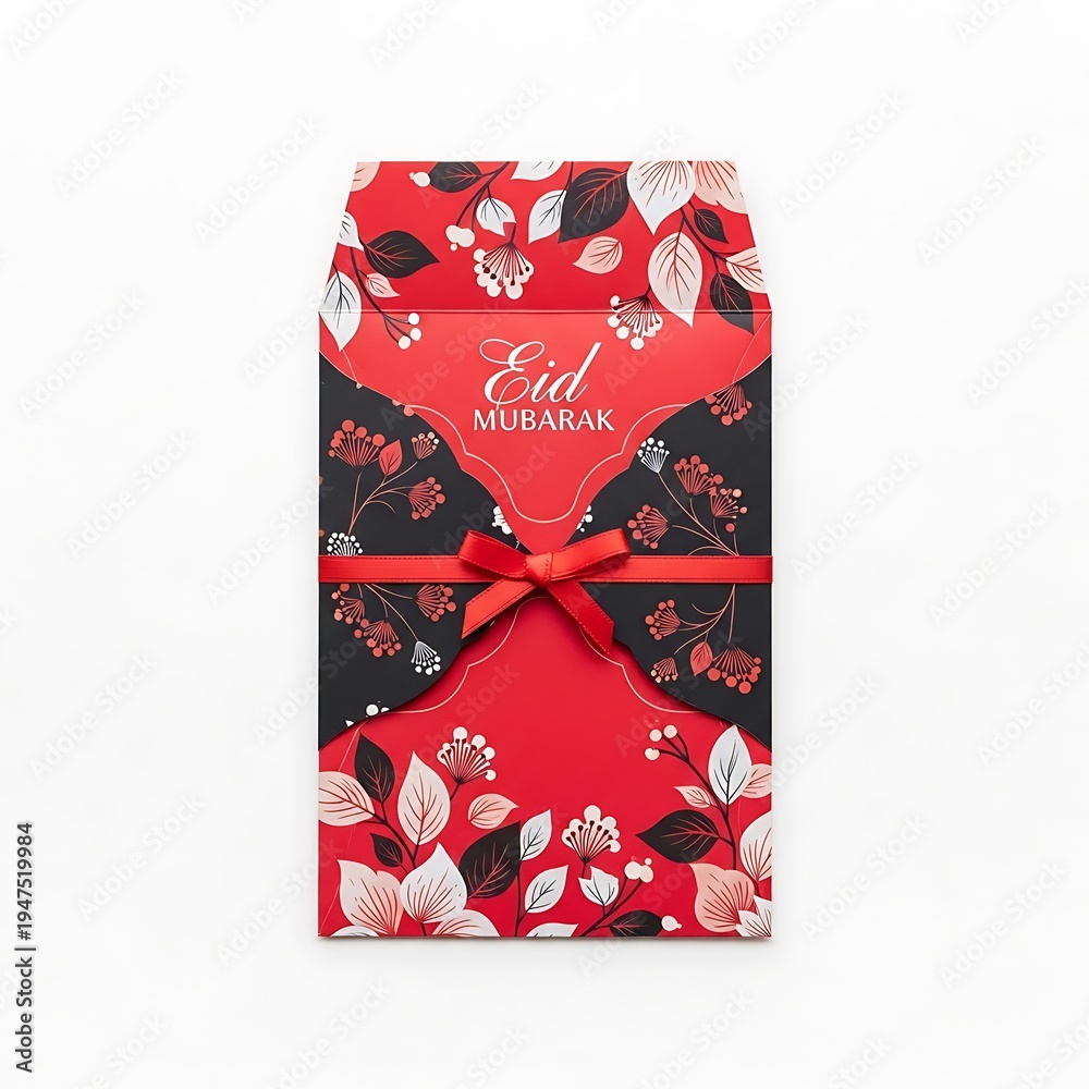Obraz premium Illustration of eid mubarak gift wrapped in red ribbon with floral pattern on black