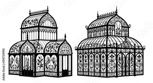 Historical architectural sketches of ornate greenhouse or conservatory designs from the 19th century Vector, illustration