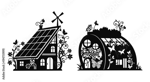 Sustainable living depicted through eco-friendly architectural designs and renewable energy sources Vector, illustration