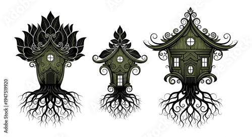 Mystical tree houses with intricate architectural designs and deep root systems Vector, illustration