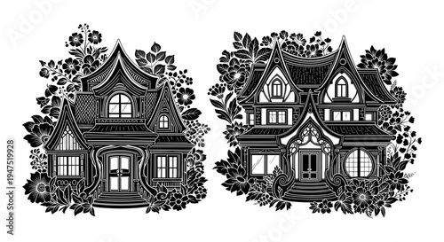 Dual vintage-style house illustrations with intricate architectural details and lush foliage. Vector, illustration