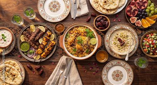 Traditional Eid feast table with biryani kebabs desserts and festive Islamic celebration food