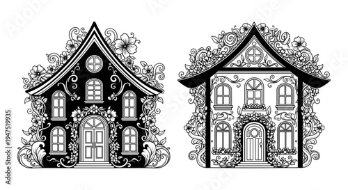 Comparative illustration of two distinctive european style houses with floral decorations Vector, illustration