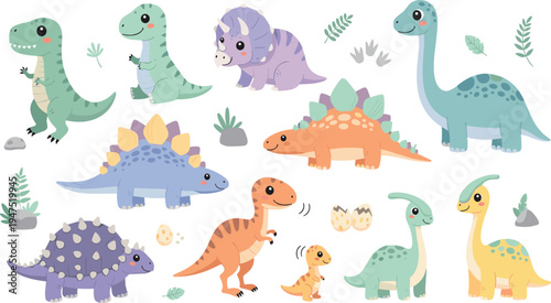 Cute Cartoon Dinosaur Set Featuring T-Rex, Stegosaurus, Triceratops, Baby Dinosaurs, and Dinosaur Eggs for Kids' Educational and Fun Designs