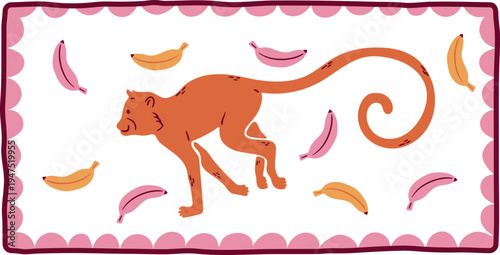 Playful Monkey Character Drawn In Tropical Patchwork Style