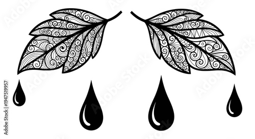 Intricate black and white leaves with falling droplets illustration Vector, illustration
