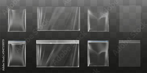 Transparent plastic bag set with handle vector. Glossy polyethylene mockup. Plastic packaging isolated on transparent background.