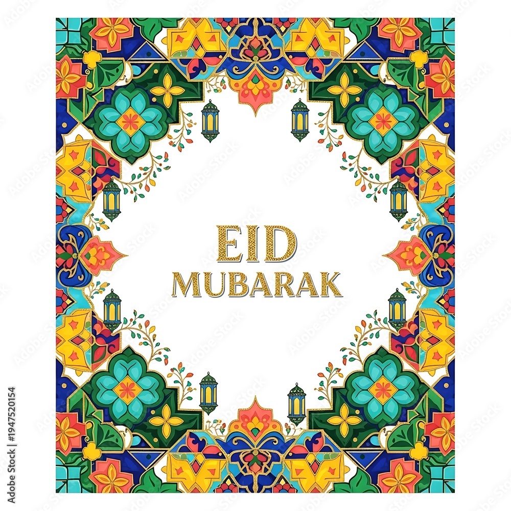 Fototapeta premium Illustration of vibrant eid mubarak greeting card with colorful floral patterns and lanterns isolated on white background