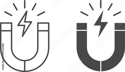 Simple line art and solid silhouette icons depicting a powerful horseshoe magnet generating an electric spark or lightning bolt illustrating attraction force or energy concepts.