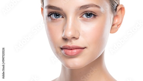 A close-up headshot of a fair-skinned woman with blue eyes and light pink lips, facing the camera. The background is white
