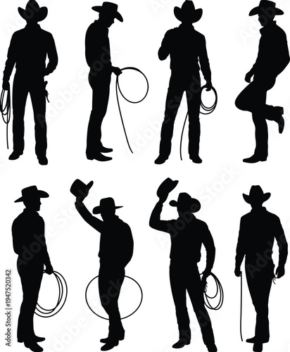 Cowboy silhouettes set, western ranch men with hat and lasso poses, rodeo cowboy characters vector illustration collection