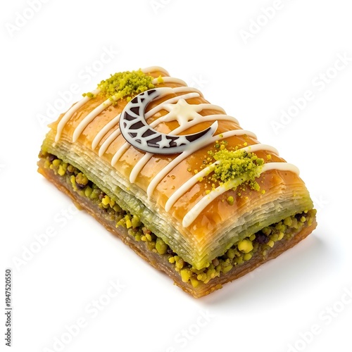 Illustration of baklava pastry with pistachios and chocolate decoration on top isolated on white background
