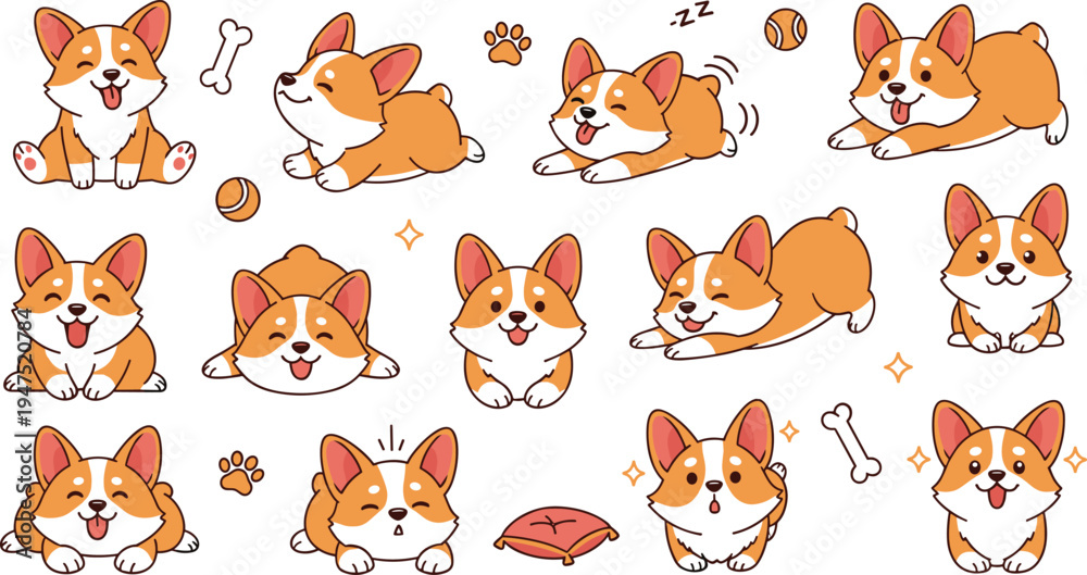 Fototapeta Cute Corgi Dog Illustration Set with Playful Poses, Ball, Bone, and Relaxing Expressions for Pet Lovers, Kids' Designs, and Animation