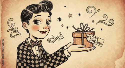 Vintage Illustration of a Smiling Woman in Plaid Suit Holding a Gift Box with 'A Little Something' Tag