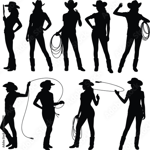 Cowgirl silhouettes set, western female cowboy with hat and lasso poses, rodeo ranch characters vector illustration collection
