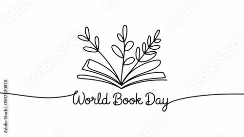 World book day logo with open book and leaves on white background symbolizing reading and literature