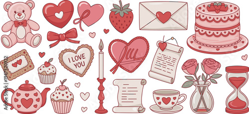 Valentine's day themed collection of romantic objects and treats Keywords: valentine, love, heart, romantic, teddy bear, cake