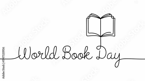 World book day logo with open book and cursive text on white background symbolizing reading and literature