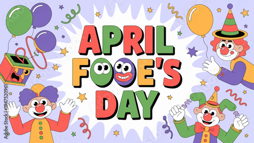 Colorful april fools day illustration with joyful clowns balloons confetti and festive decorations on purple background