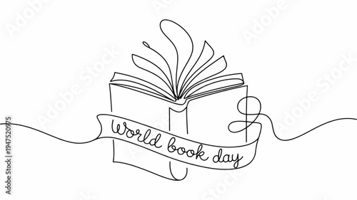 World book day open book with ribbon banner reading celebration literacy symbol education concept