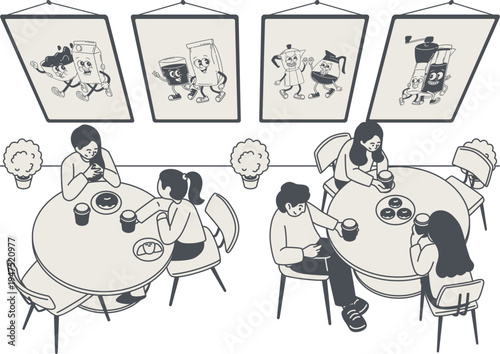 Teman berkumpul ceria di lingkungan kafe nyaman