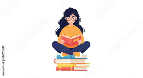 Young woman with glasses sits cross legged engrossed in a book
