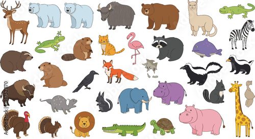 Cartoon Animal Set Featuring Bears, Lions, Giraffes, Zebras, Foxes, and More for Kids' Educational, Nature, and Wildlife Designs