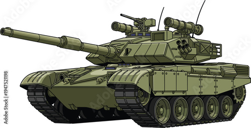 "Detailed illustration of modern military tank side profile with large cannon, missile launchers, antennas, armored combat vehicle design, defense machinery artwork, warfare technology engineering 