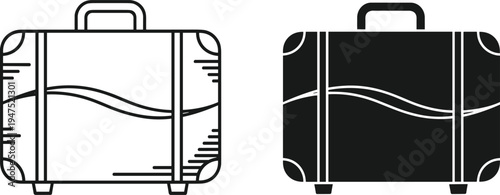 "Two stylized suitcase icons side by side showing outline design and solid silhouette comparison with decorative stripes and curves, travel luggage graphic illustration artwork"