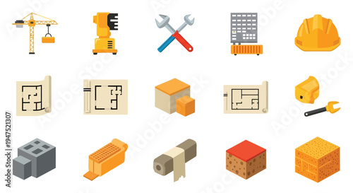 Construction icons tools blueprints and building elements in a flat style
