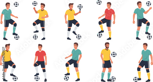 Collection of professional soccer player characters performing freestyle tricks, juggling footballs, and practicing ball control skills for sports training, athletic competition, and fitness relat