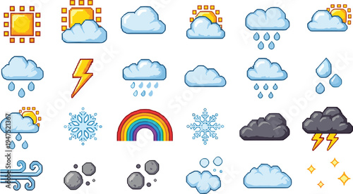 Complete collection of pixel art weather icons featuring sun, rain clouds, lightning bolts, snowflakes, rainbow, wind, and storm elements for retro video game interfaces and mobile apps.