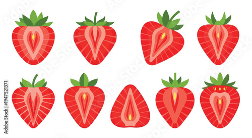 Eight vibrant sliced strawberries arranged in a grid pattern